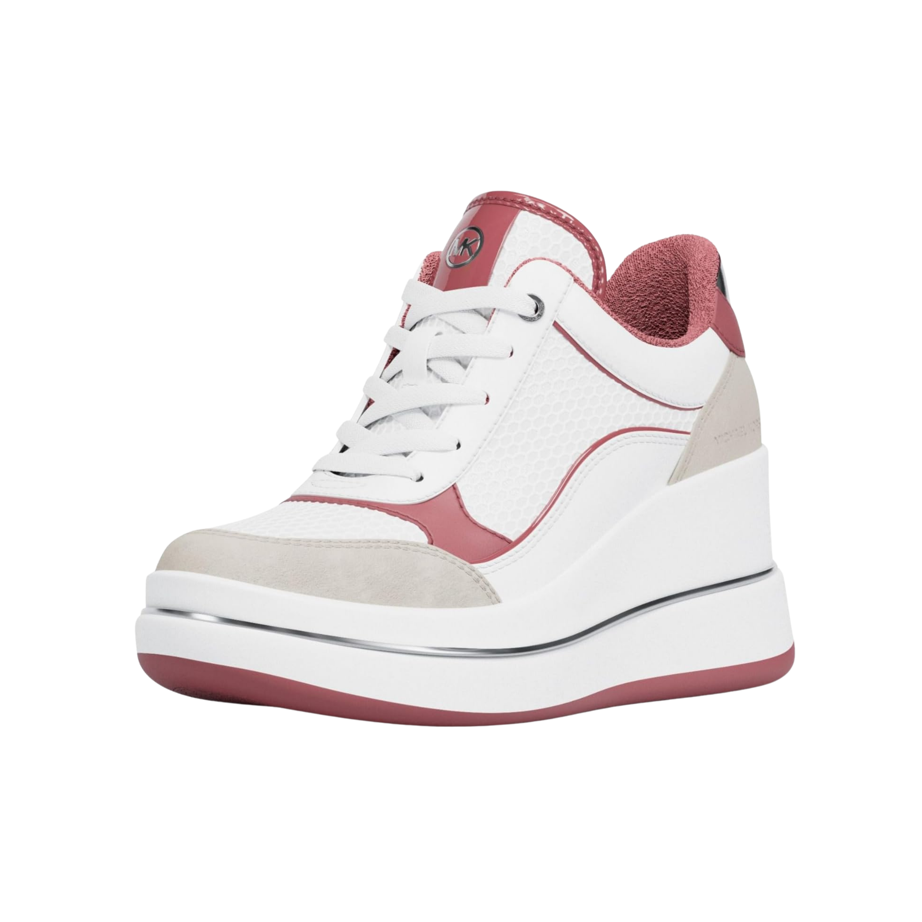 Michael Kors Women Emmy Signature Logo and Leather Wedge Trainer - Solid Color Block Rosewood