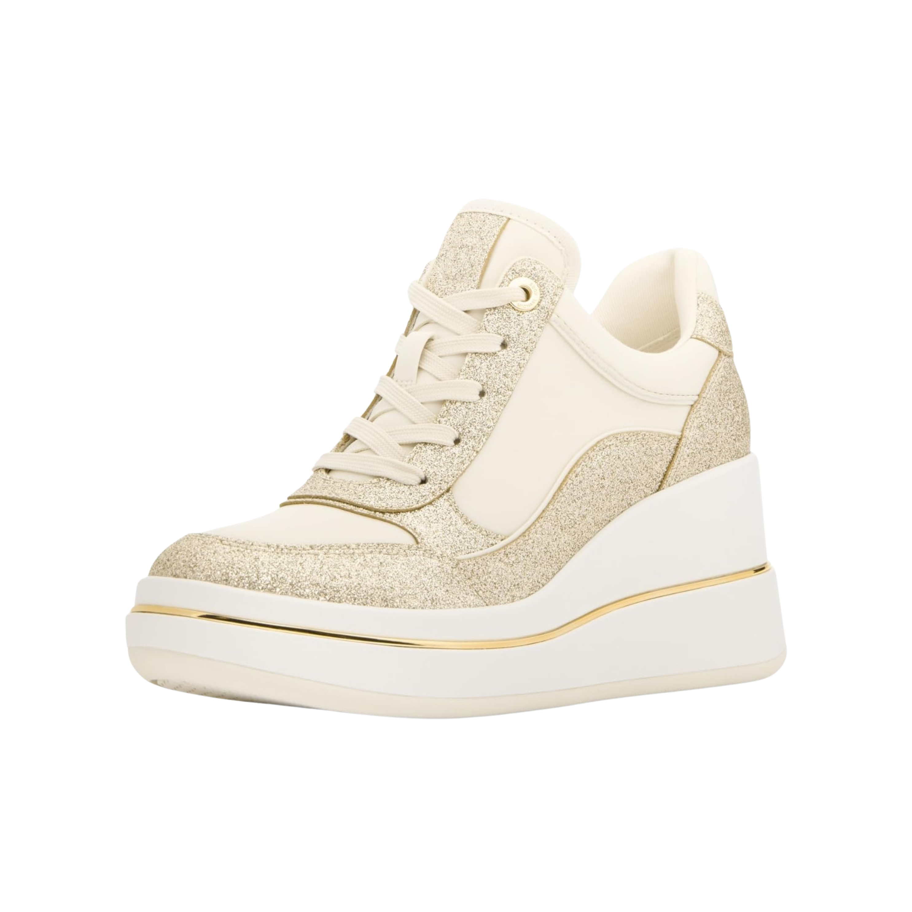 Michael Kors Women Emmy Signature Logo and Leather Wedge Trainer - Pale Gold
