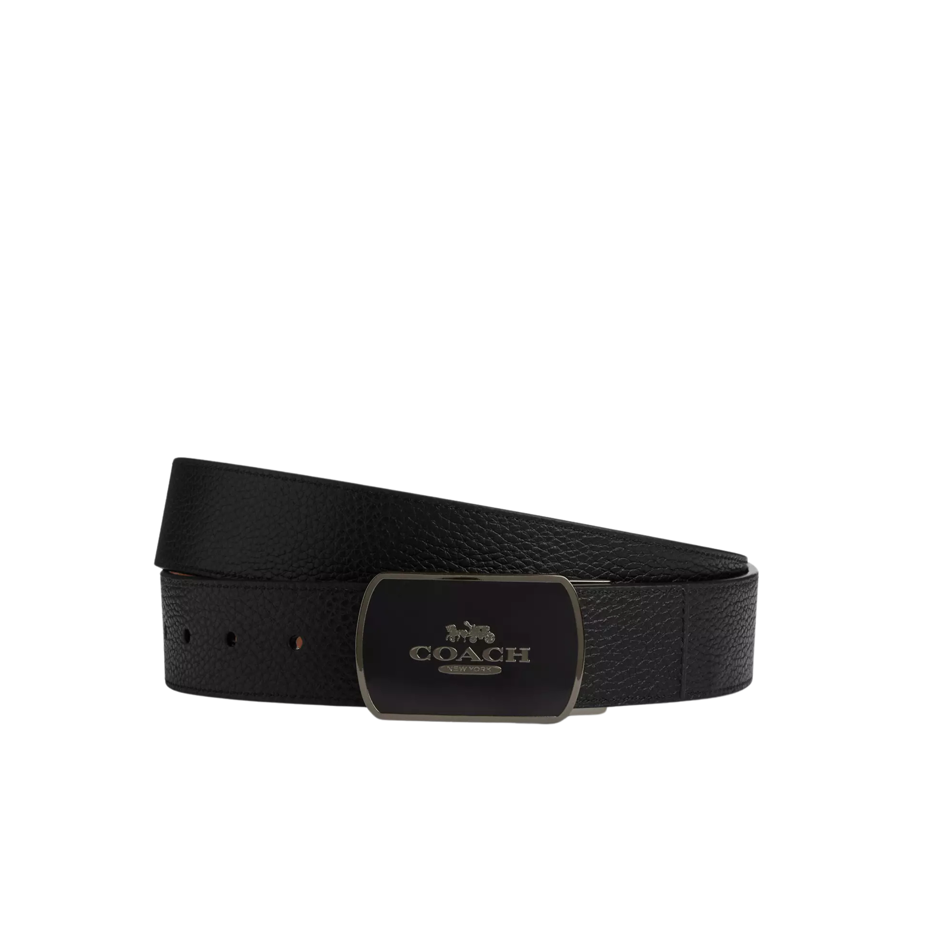 Coach Men Plaque Buckle Cut-To-Size Reversible Belt 38 Mm - Gunmetal Black Dark Saddle