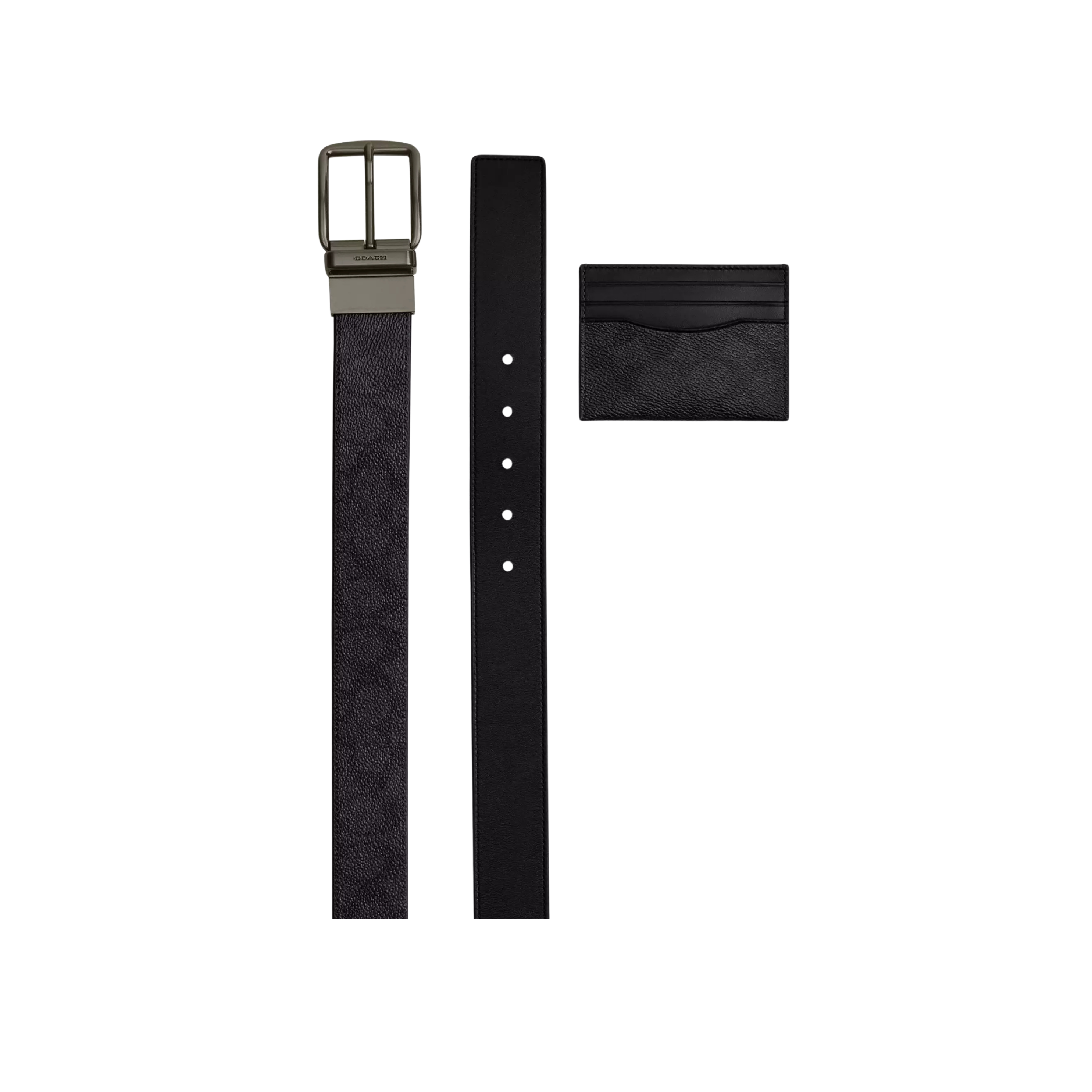 Coach Men Boxed Card Case And Belt Set - Gunmetal Charcoal Black