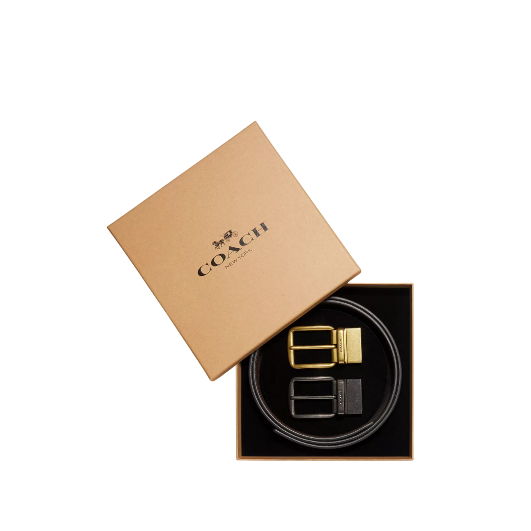 Coach Men Boxed Card Case And Belt Set - Black Dark Brown