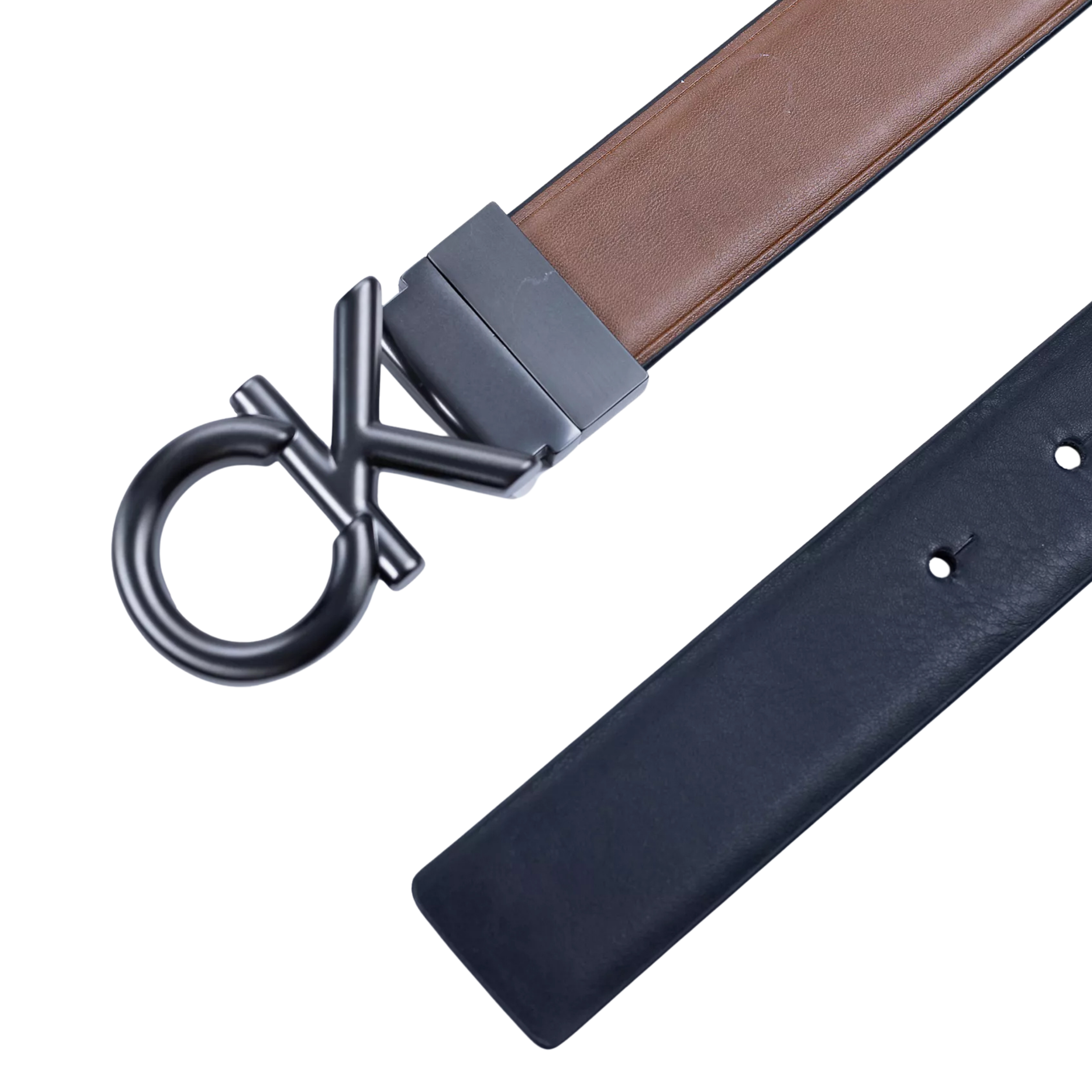 Calvin Klein Men CK Logo Plaque Reversible Dress Belt - Tan Black