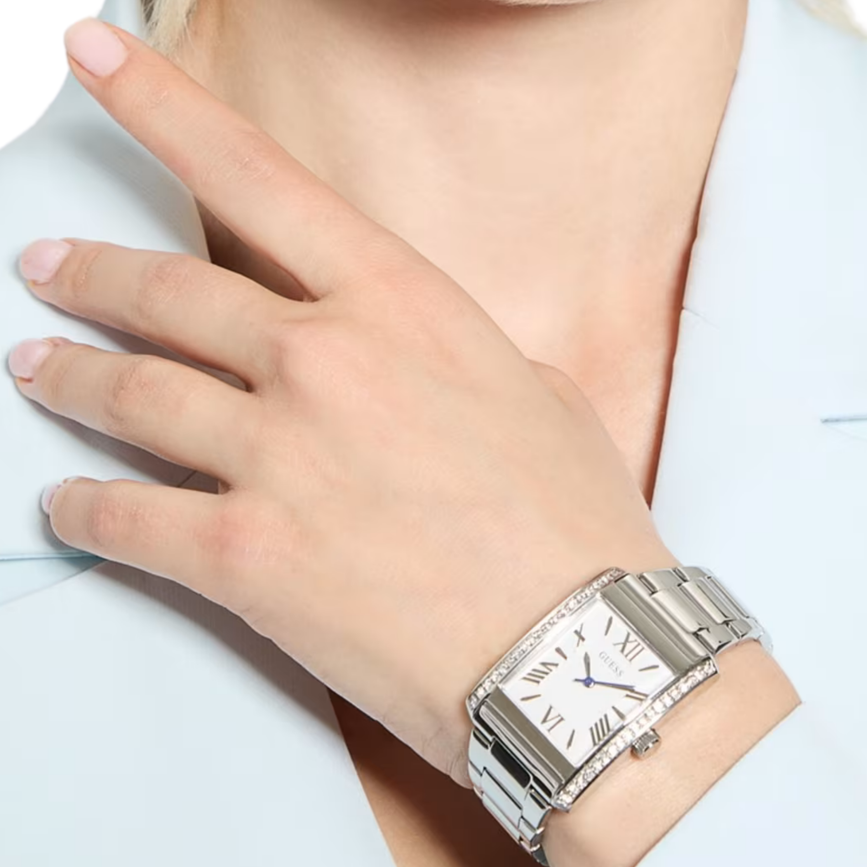 Guess Women Silver Tone Crystal Square Analog Watch GW0874L1 - Silver