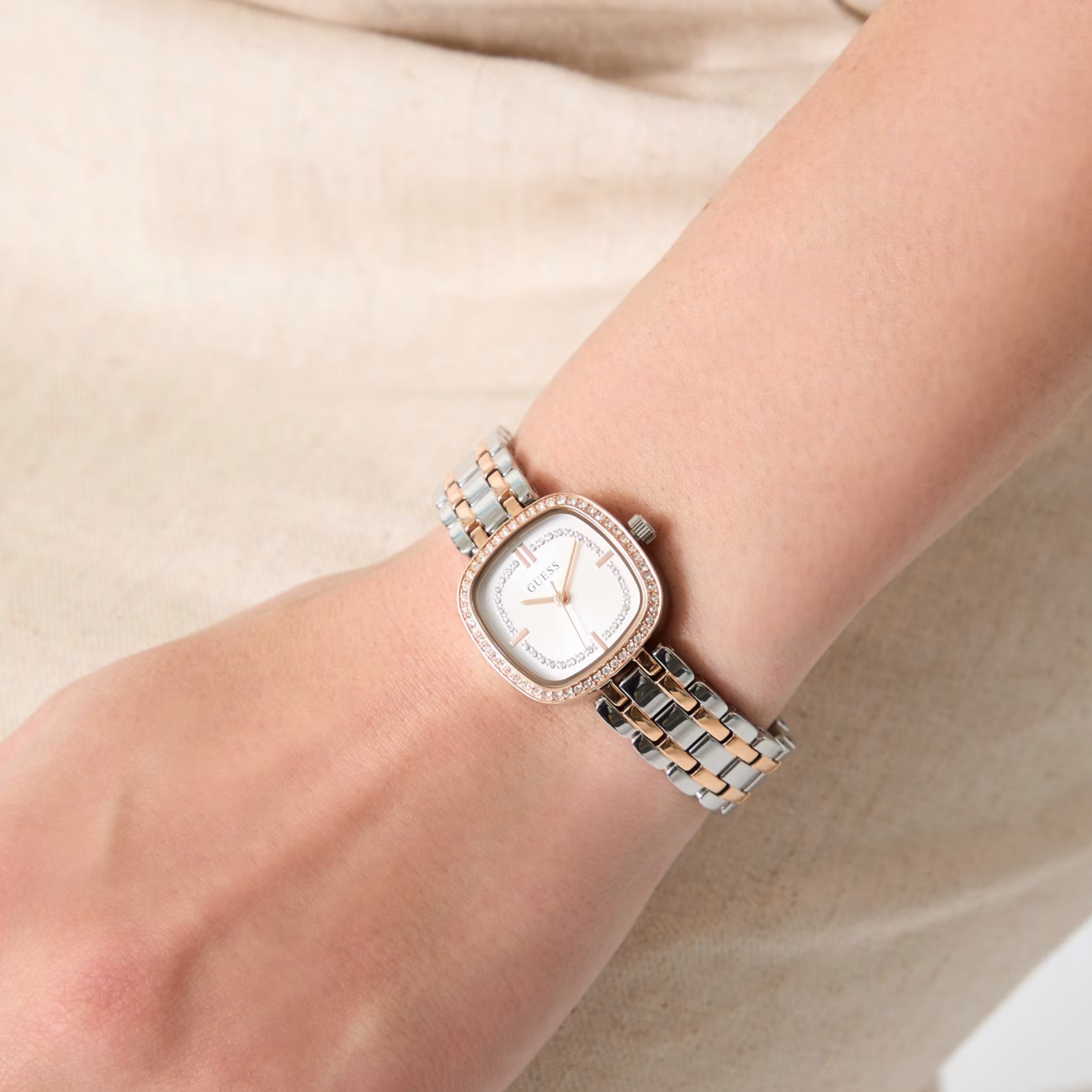 Guess Women Crystal Recycled Steel Analogue Watch GW1018L5 - White Multi Rose Gold
