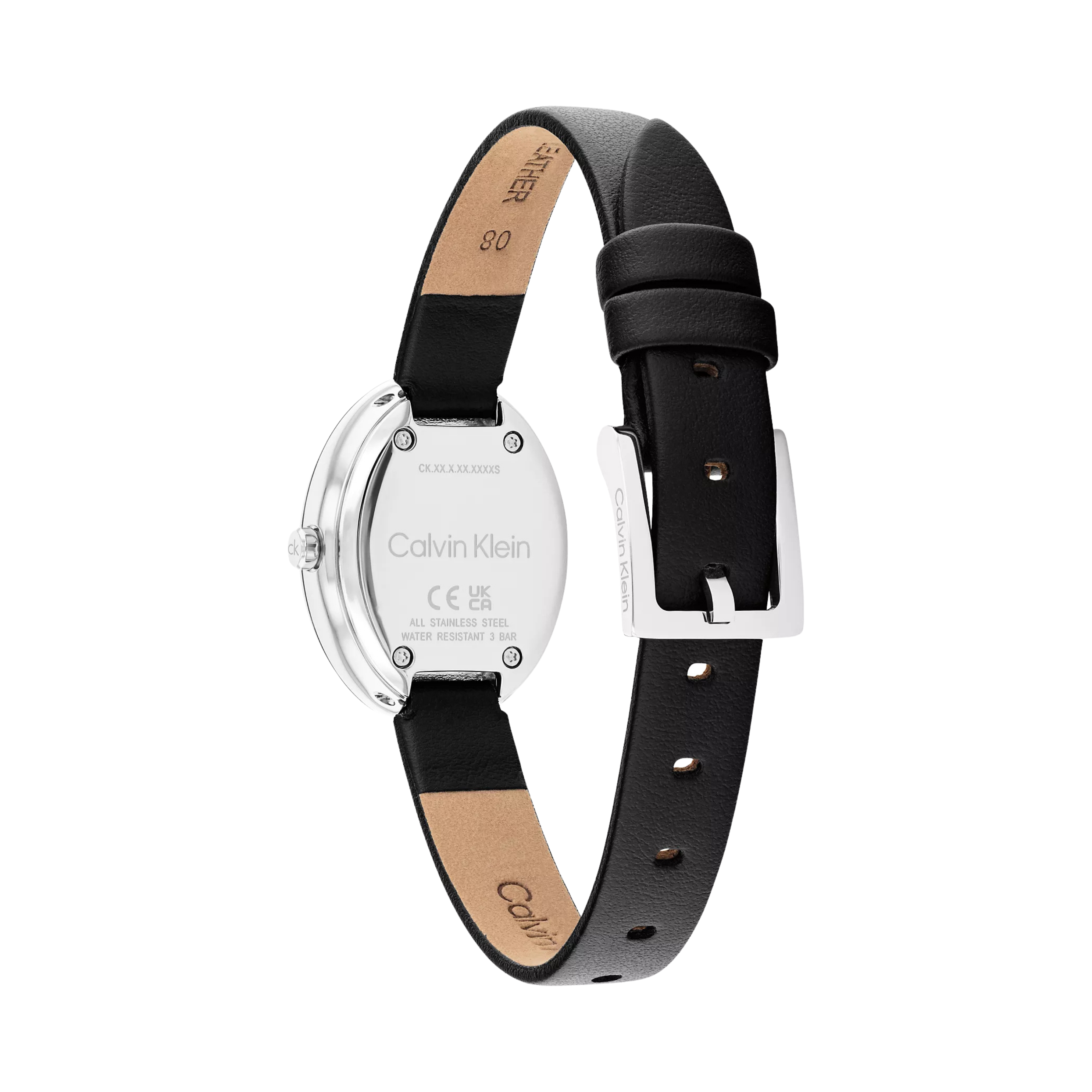 Calvin Klein Women Contoured Bezel Oval Dial Leather Strap Watch - Black
