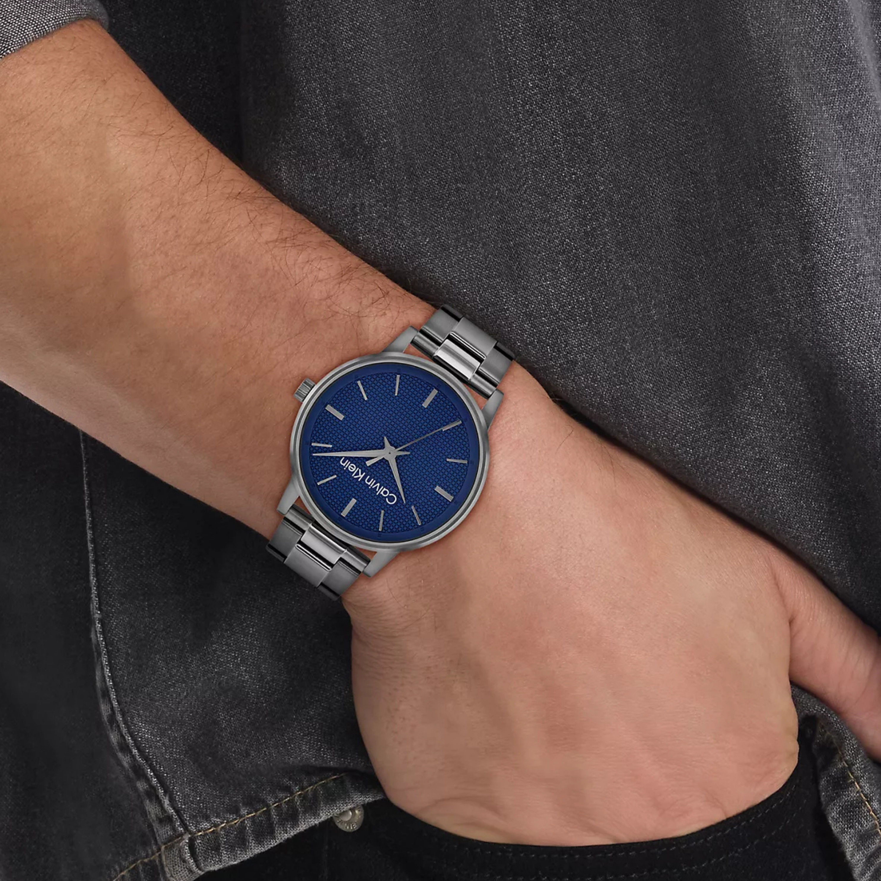 Calvin Klein Men Textured Dial Link Bracelet Watch 25200502 - Blue