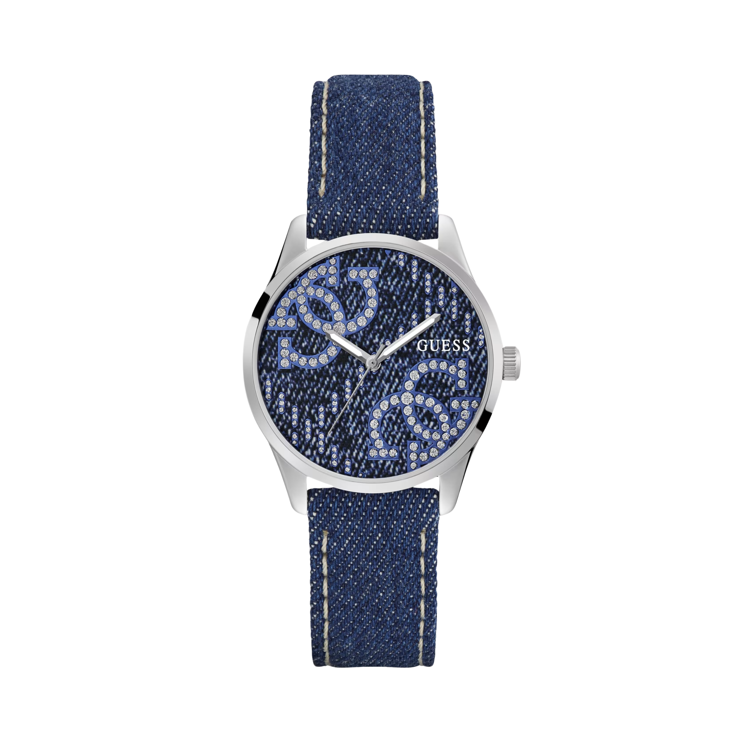 Guess Women Silver Tone and Denim Quattro G Analog Watch - Silver