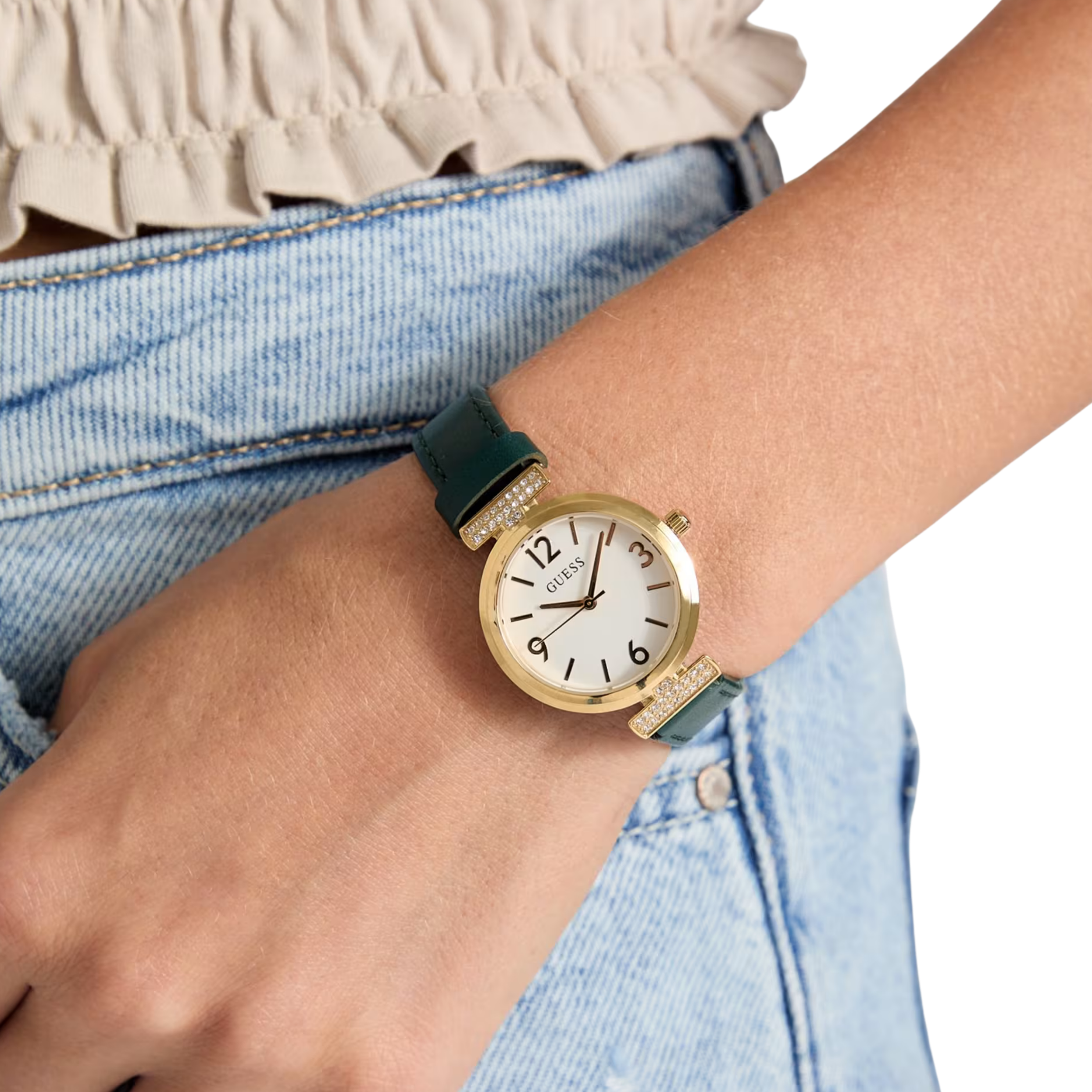 Guess Women  Gold Tone and Leather Analog Watch - White Multi