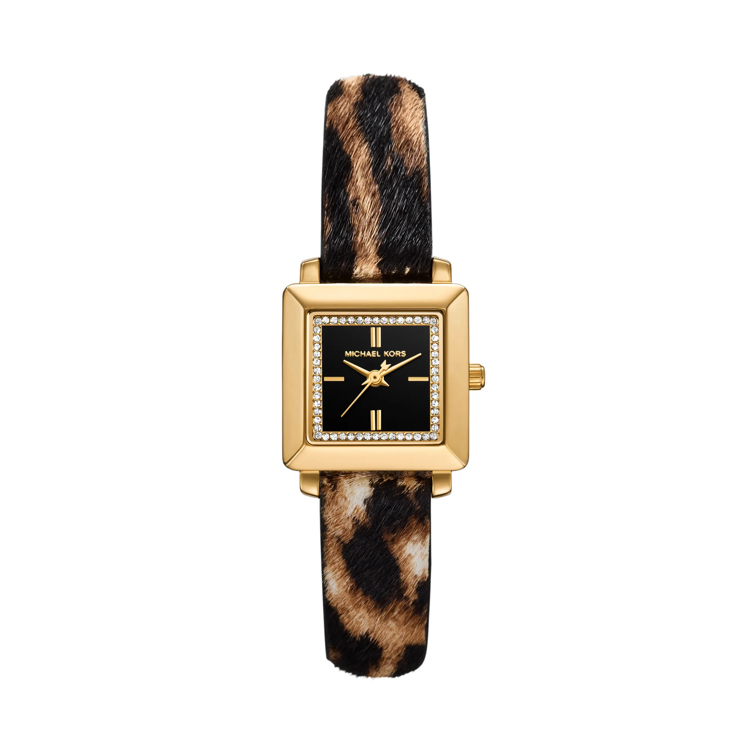 Michael Kors Women Petite Gwynn Pave Gold Tone and Leopard Print Calf Hair Strap Watch - Gold