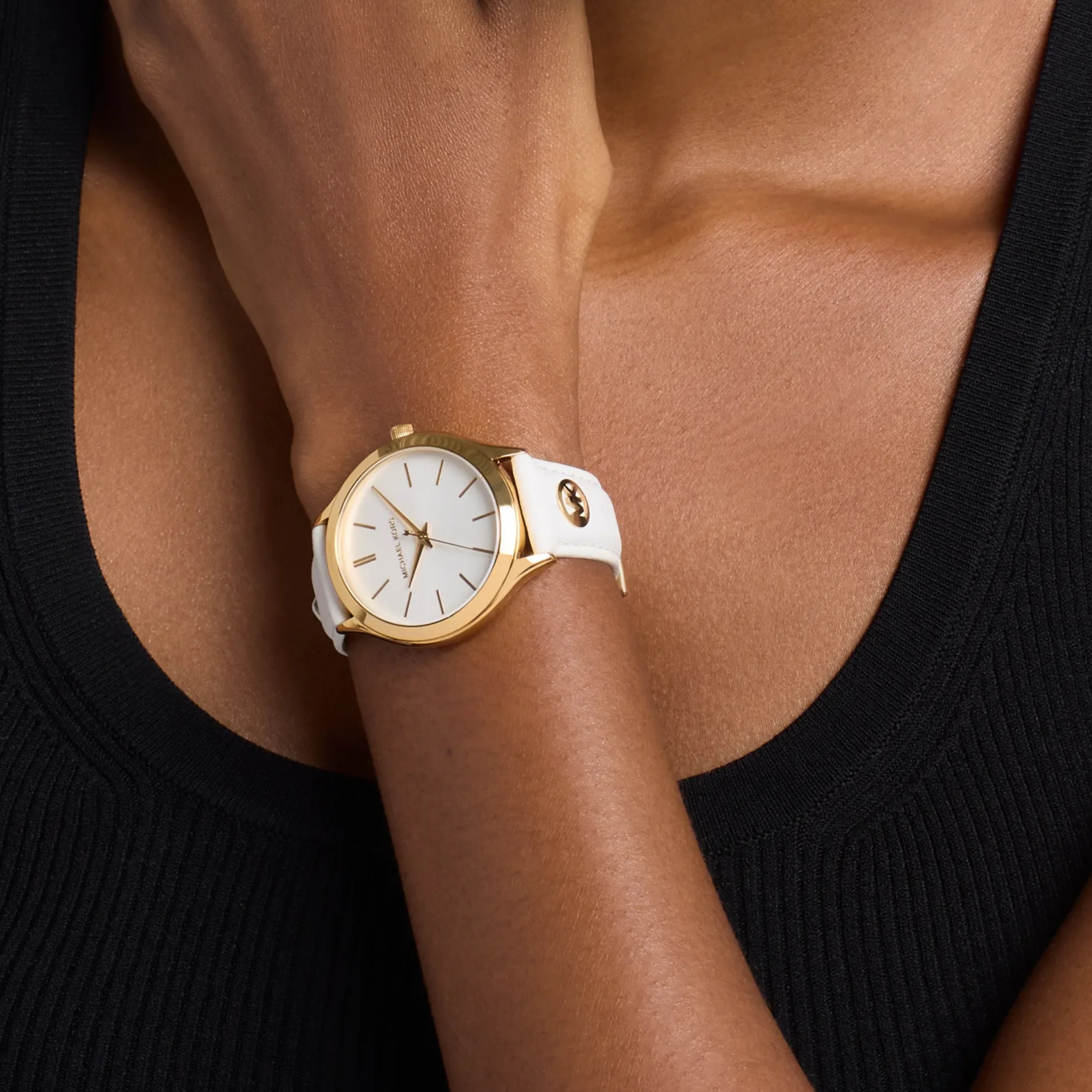 Michael Kors Women Slim Runway Gold Tone and Leather Watch - Optic White