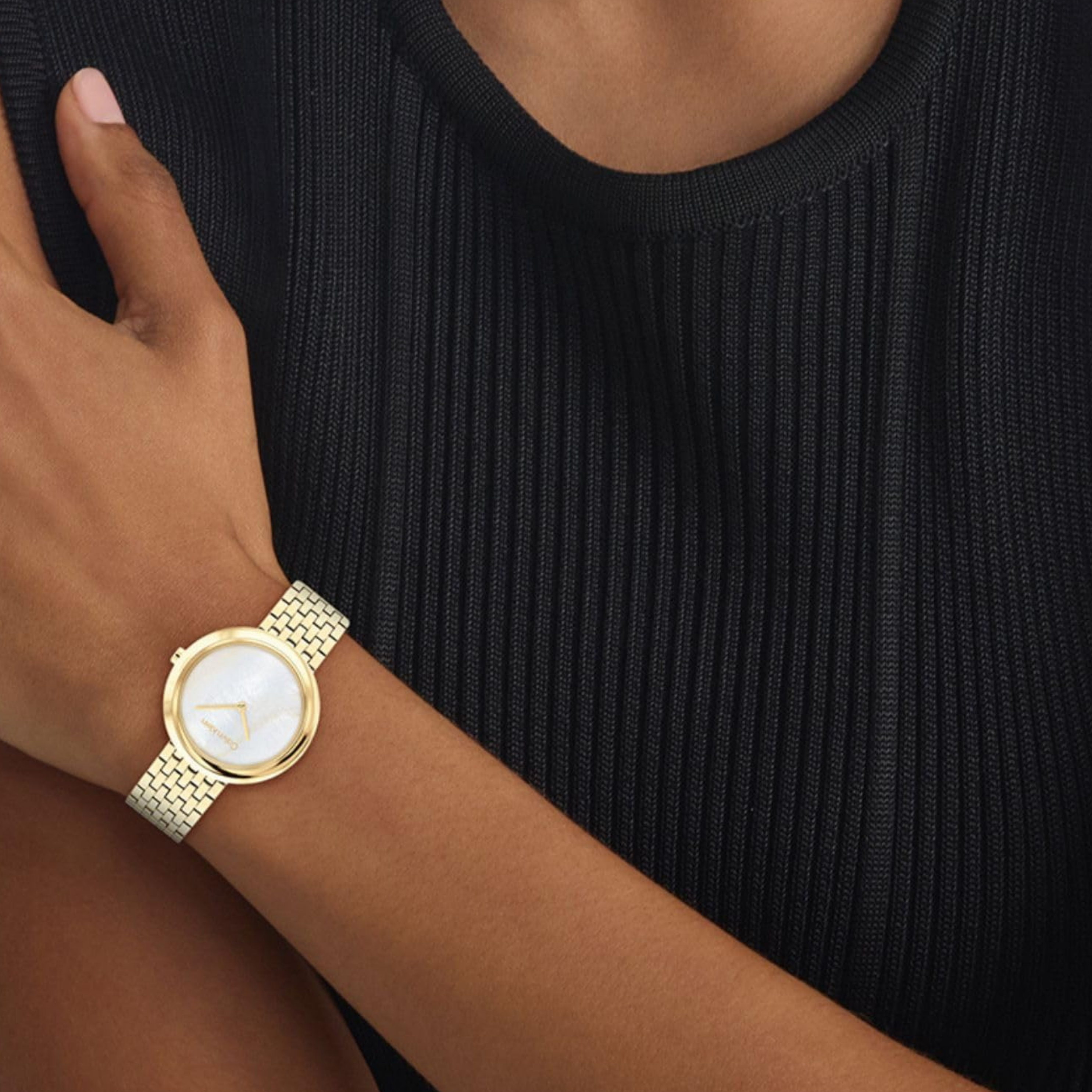 Calvin Klein Women Twisted Bezel Stainless Steel Watch - White Gold